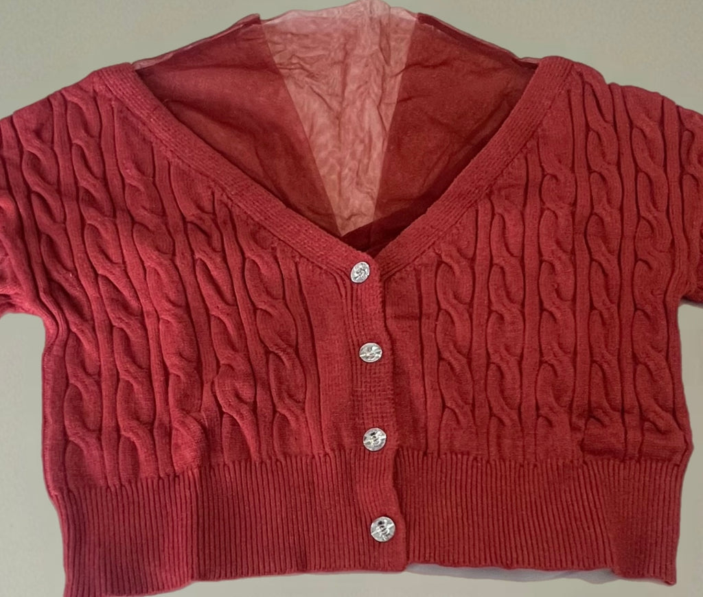 Cable Knit Long Sleeve Sweater with Rhinestone Buttons