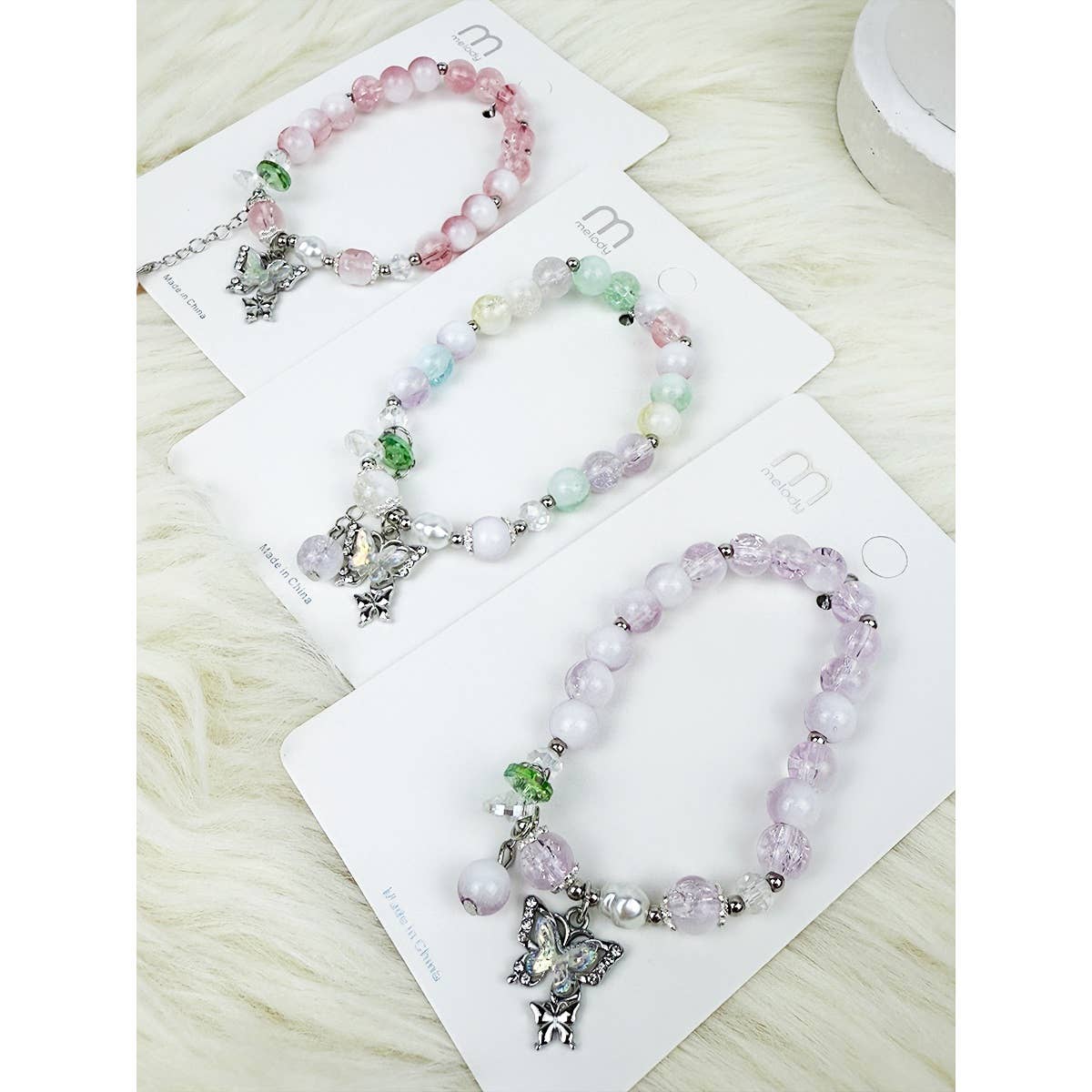 Soft Tone Butterfly Pendant Mix Bead Bracelet: MIX COLOR / ONE(12)
