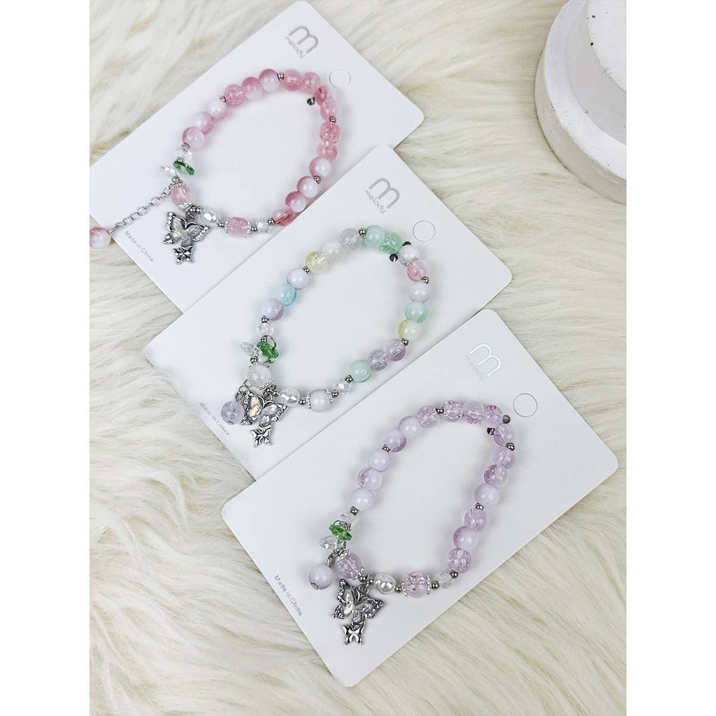 Soft Tone Butterfly Pendant Mix Bead Bracelet: MIX COLOR / ONE(12)