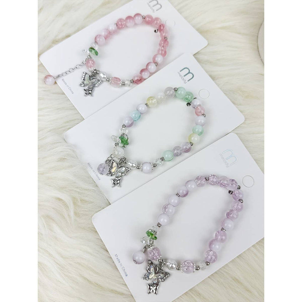 Soft Tone Butterfly Pendant Mix Bead Bracelet: MIX COLOR / ONE(12)