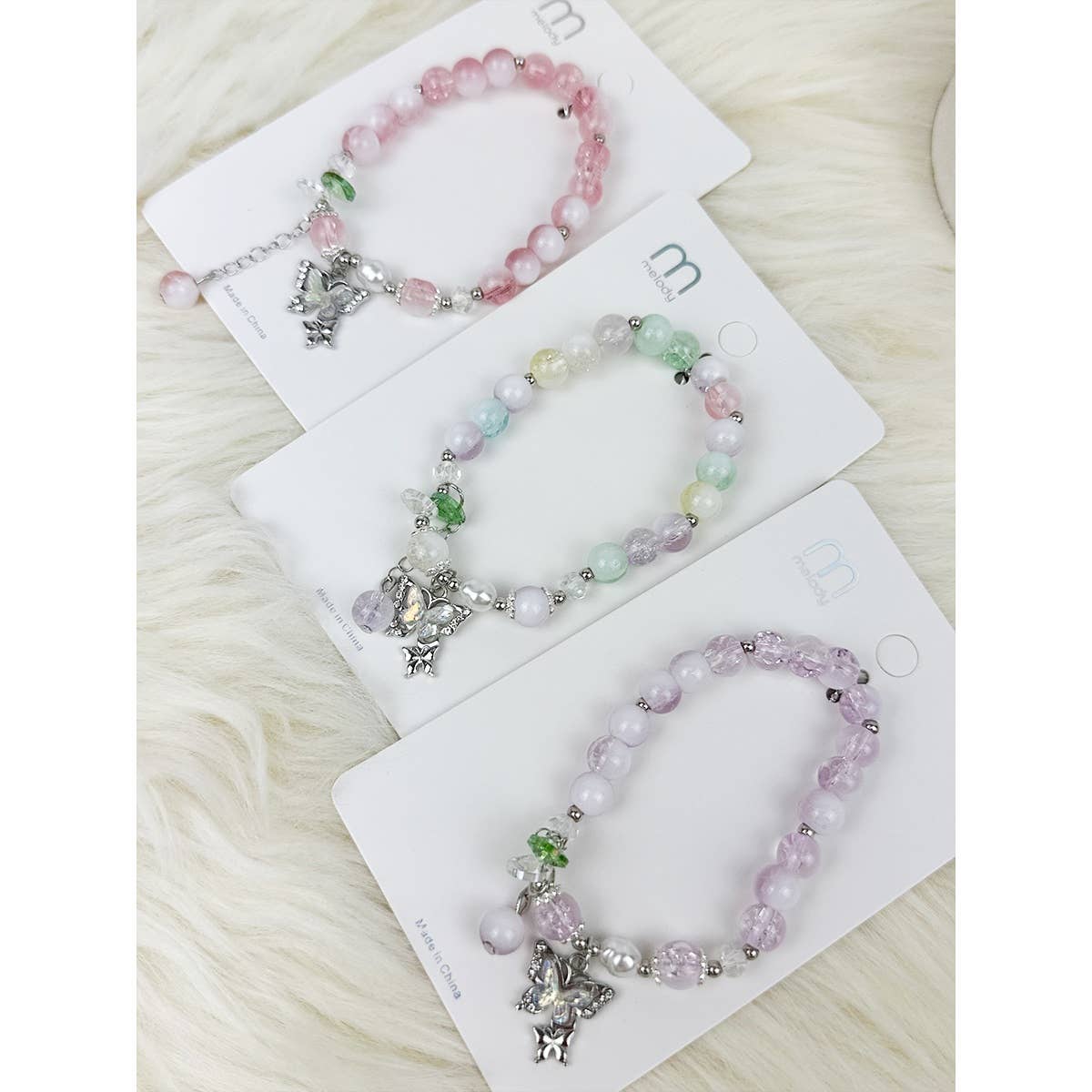 Soft Tone Butterfly Pendant Mix Bead Bracelet: MIX COLOR / ONE(12)