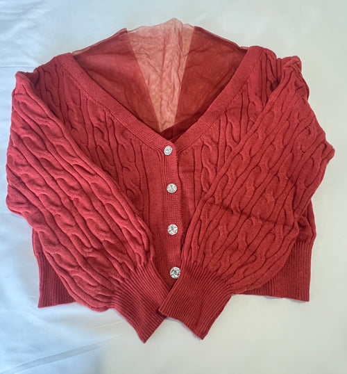 Cable Knit Long Sleeve Sweater with Rhinestone Buttons