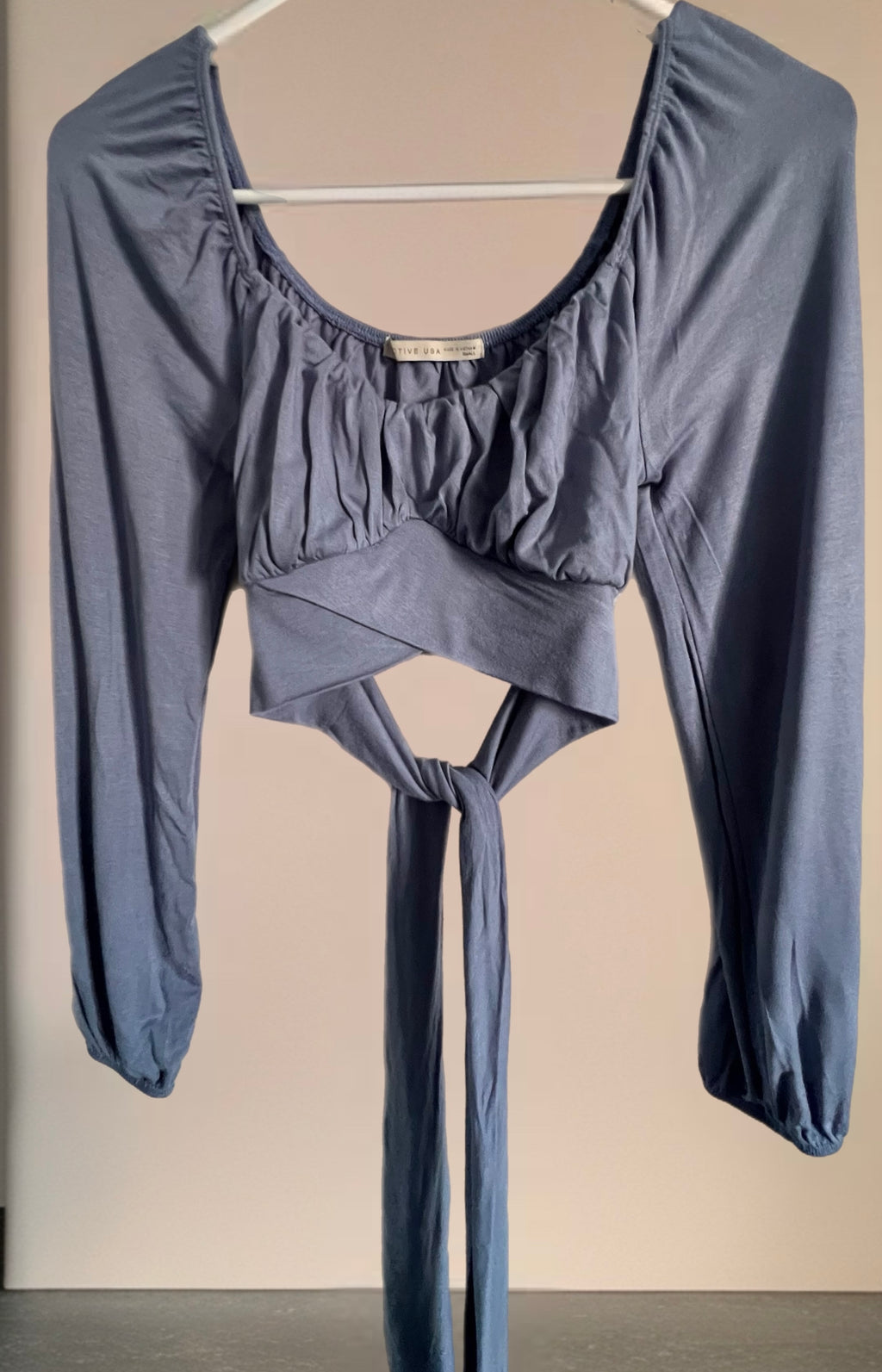 Ruched Long Sleeve Crop Top with Tie Back - Steel Blue