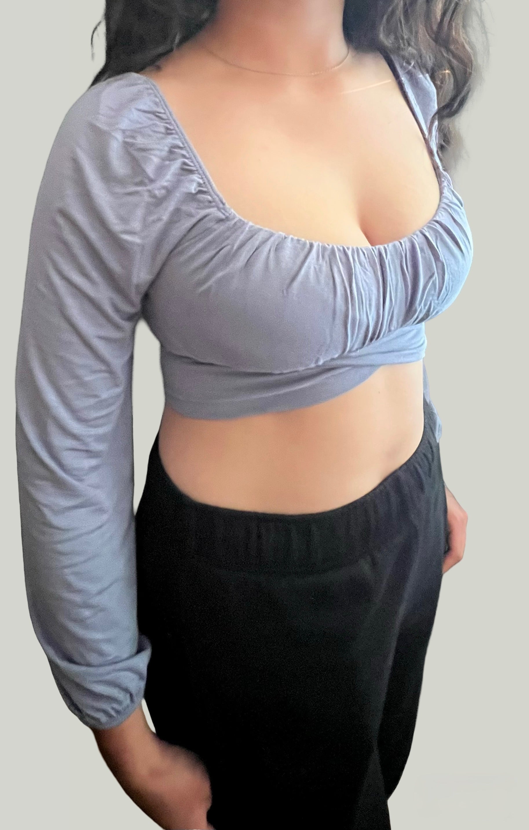 Ruched Long Sleeve Crop Top with Tie Back - Steel Blue